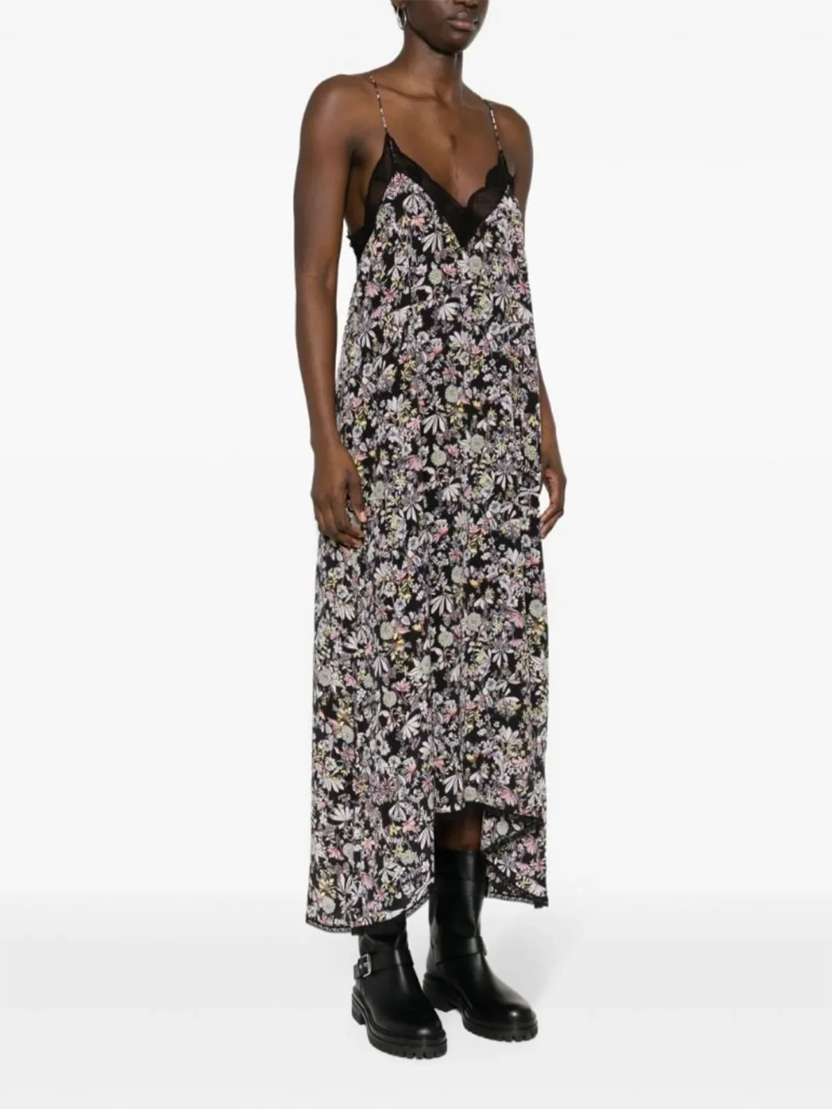 Summer casual plant printed silk camisole dress new women's lace patchwork V-neck floral sleeveless long dress