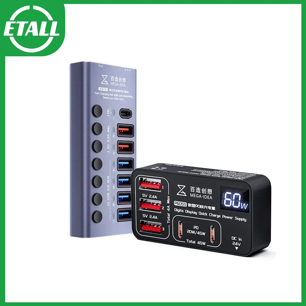 

Qianli Mega-idea K367H 7-Port Extension Hub with the Corresponding Switch and P605S 60W Digits Display PD 5-Ports Fast Charging