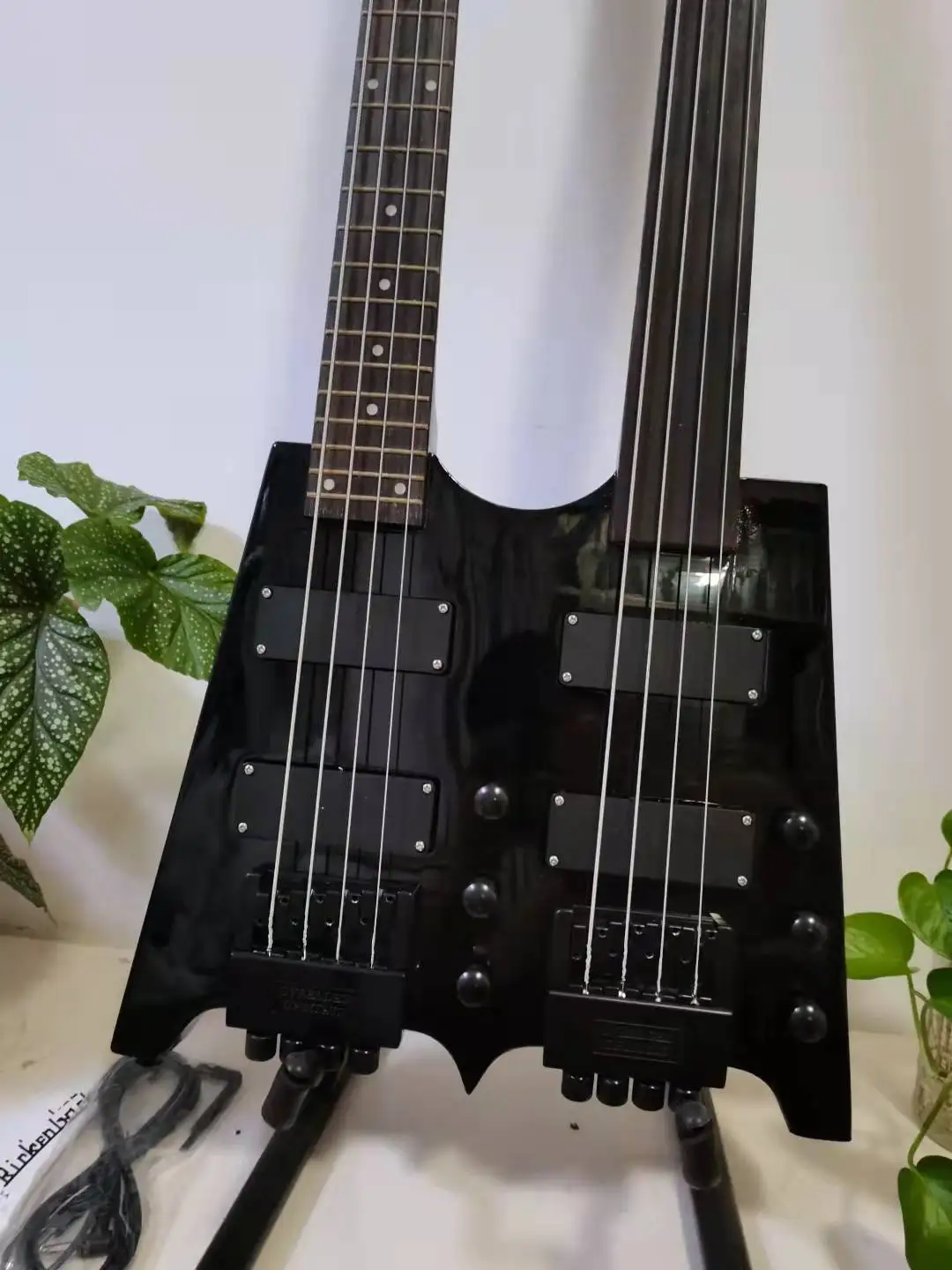 Top quality Black Headless guitar Double Neck 4 string Electric Guitar 4 strings bass