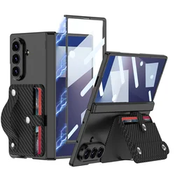 Magnetic Wristband Card Holder Phone Case with Tempered Glass Film and Folding Hinge Protection - Galaxy Z Fold7 (Cblack)