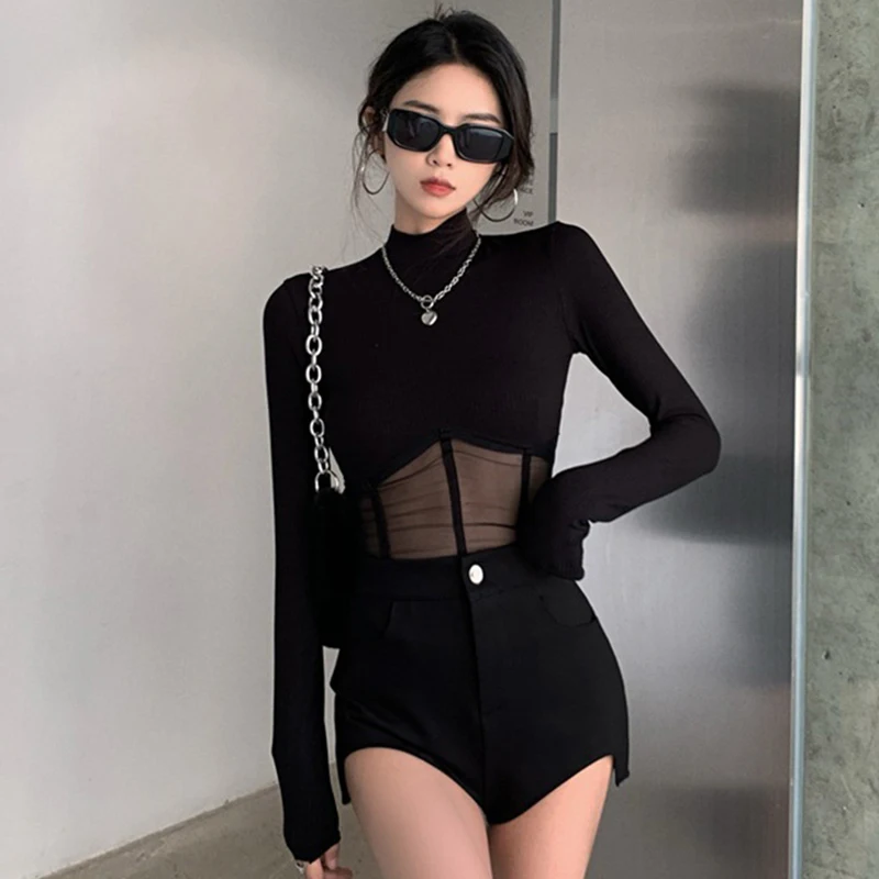 Black Top y2k Clothing Women Solid Color Skinny Turtleneck Long Sleeve Mesh Patchwork T Shirt Spring Autumn Clothes