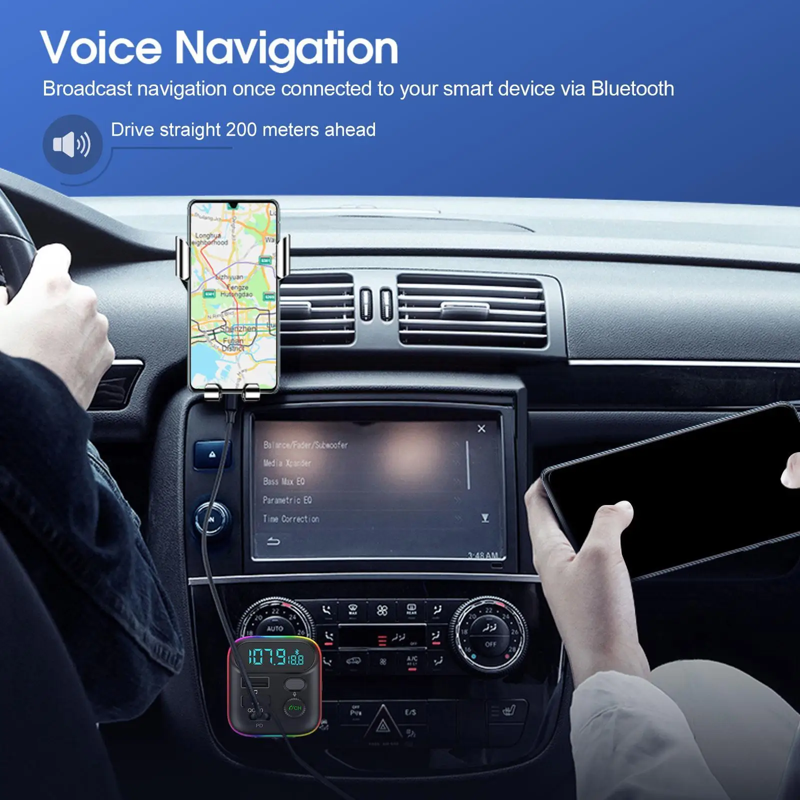 Car Bluetooth 5.0 FM Transmitter PD Dual Player Music Type-C Colorful Ambient MP3 Light Cigarette Lighter USB