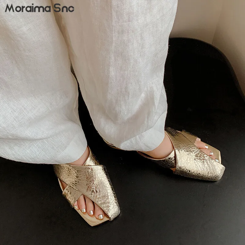 Full Leather Half-Open Toe Slippers Summer Square Head Low Heel Sandals Solid Color Hollow Fashion Women's Sandals