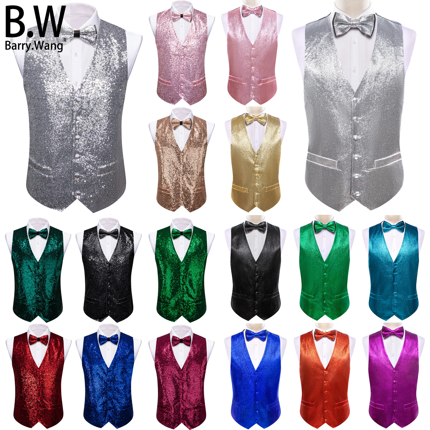 

Barry.Wang Nolvety Shining Men Vest Casual Stylish 15 Colors Waistcoat with Bowtie Sleeveless Jacket Male Wedding Party Prom