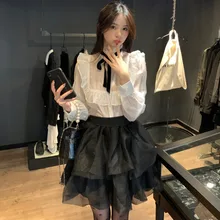  Elegant Women's White Ruffled Shirts 2022 Autumn Winter New Sweet Long Sleeve Top and Mesh Short Black Skirts Two Pieces Set 