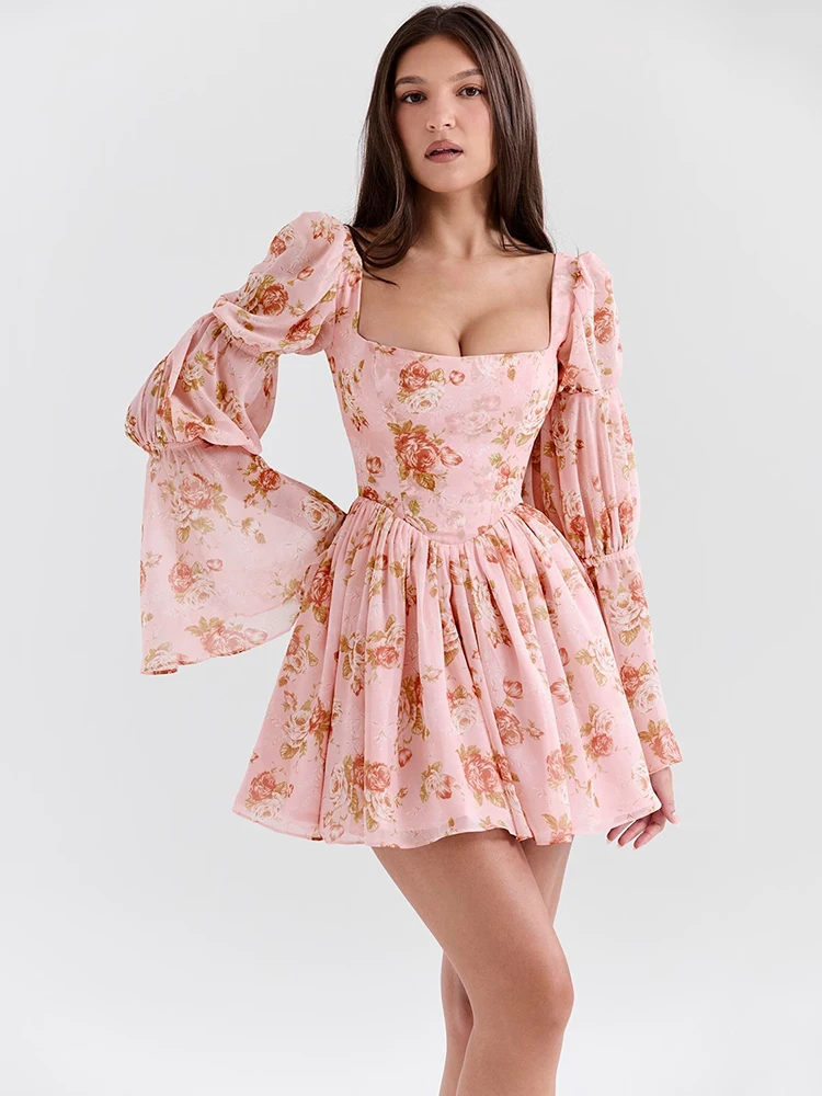 Elegant Horn Long Sleeve Bodycon Printed Short Skirt Female Sexy Square Neck Slim Female Dress Party Club Evening Dress