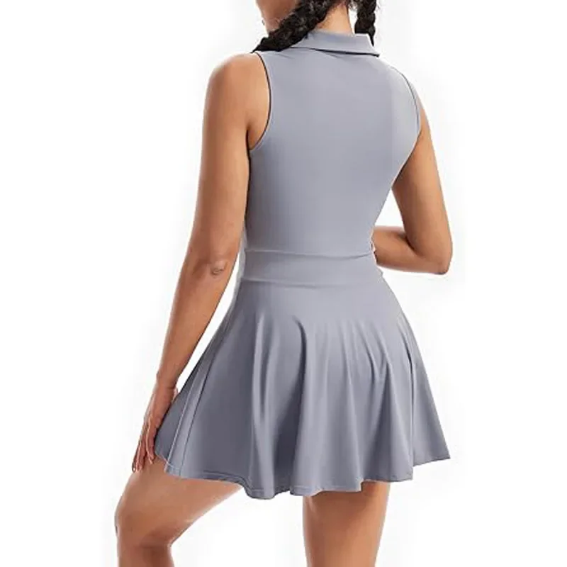 Nadanbao Women Casual Yoga Tennis Dress Removable Chest Pad Lapel Workout Running Dress Sleeveless Sportswear Tennis