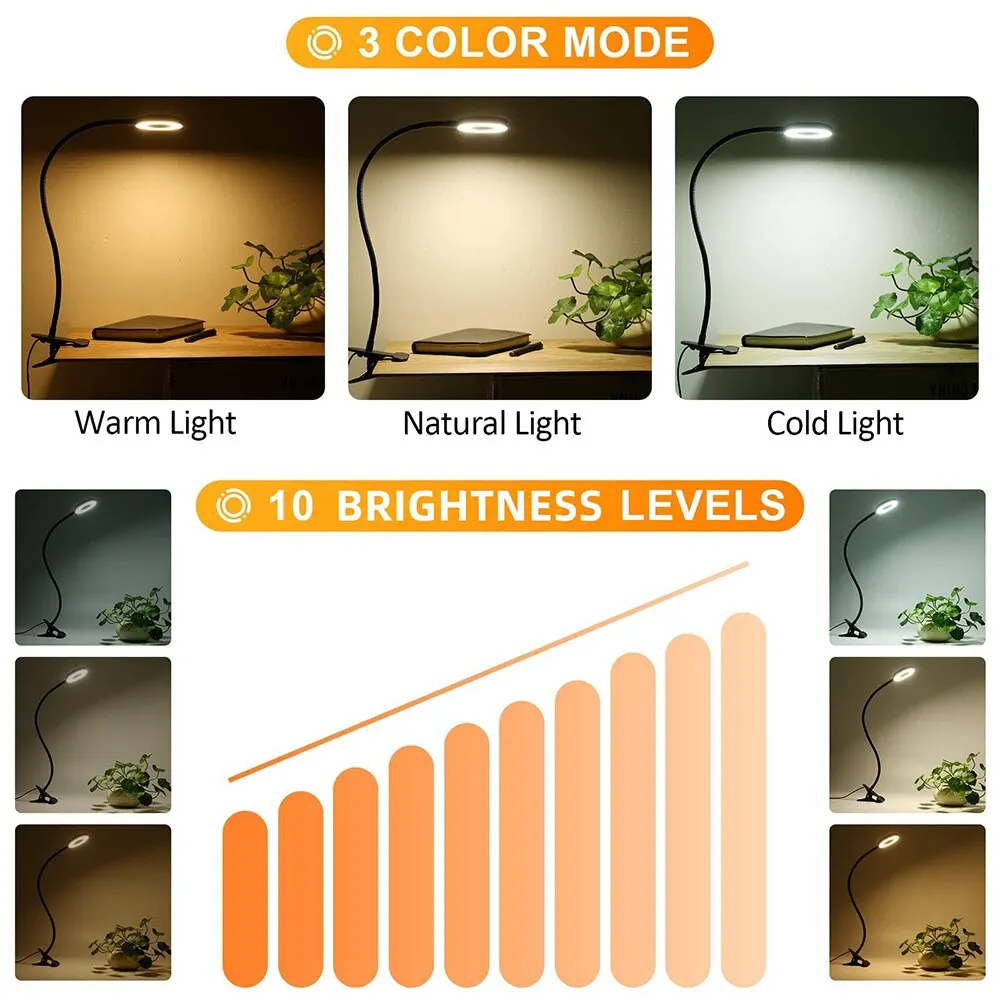 USB Book Light Clip Desk Lamp with Adjustable Brightness and Flexible Gooseneck