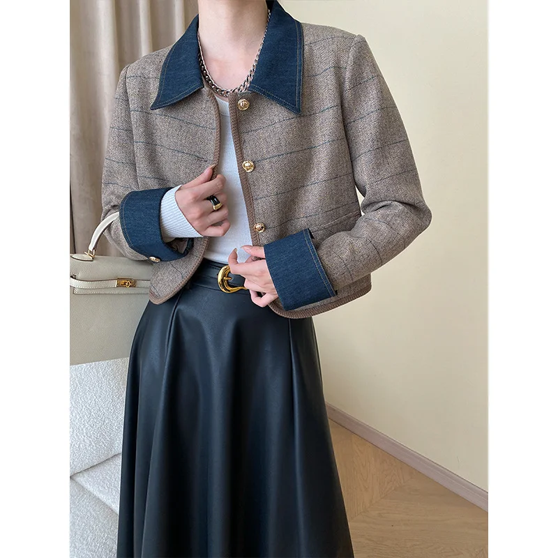 Denim Patchwork French POLO Collar Tweed Jacket Women Autumn Small Fragrance Plaid Casual Loose Khaki Fashion Chic Female Jacket 2023 classic khaki single breasted loose blazer for women office wear fashion coat basic suit jacket female chic outwear tops