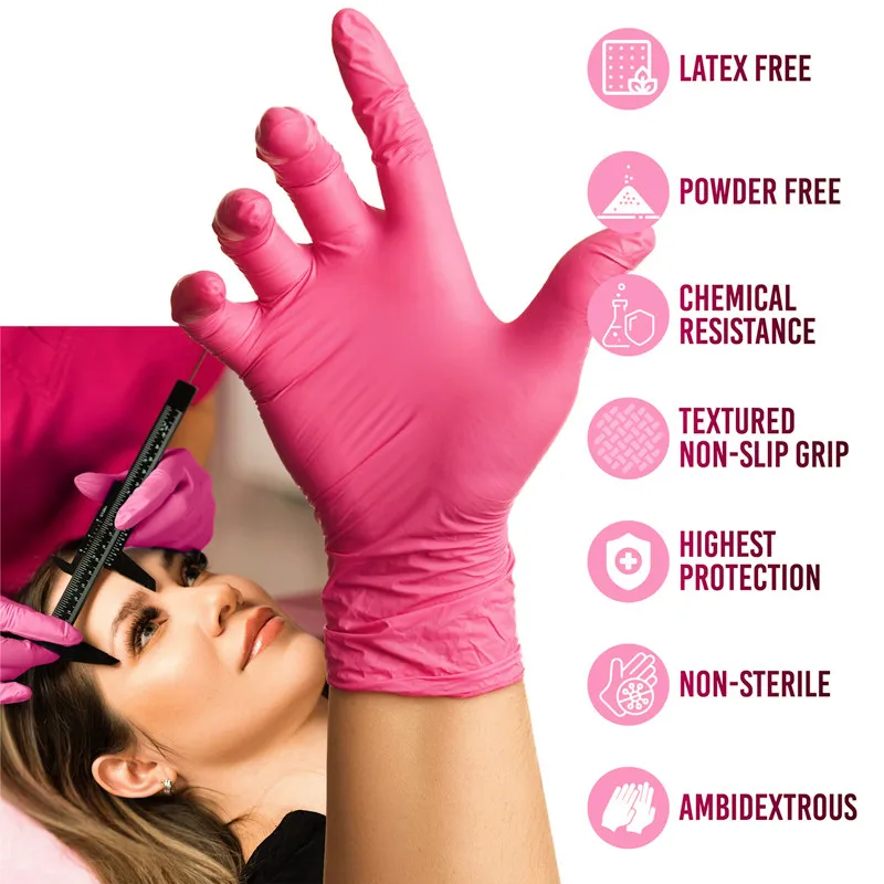 20/50/100PCS Pink Nitrile Disposable Gloves for Industrial Beauty Nail Salon Tattoo Household Cleaning Kitchen Work