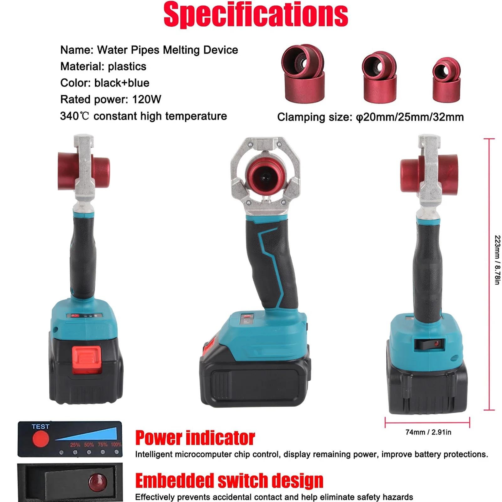 Pipe Melter Water Pipe Melting Device Cordless Rechargeable Hose Welding Tool 120W 340℃ for Connection Pipe Welding Machine 3