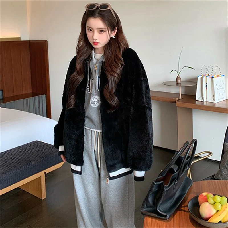 Winter Warm Luxury Fur Coat Ladies High Quality Rex Rabbit Fur Coat Solid Color Design Plush Cold Prevention Coat
