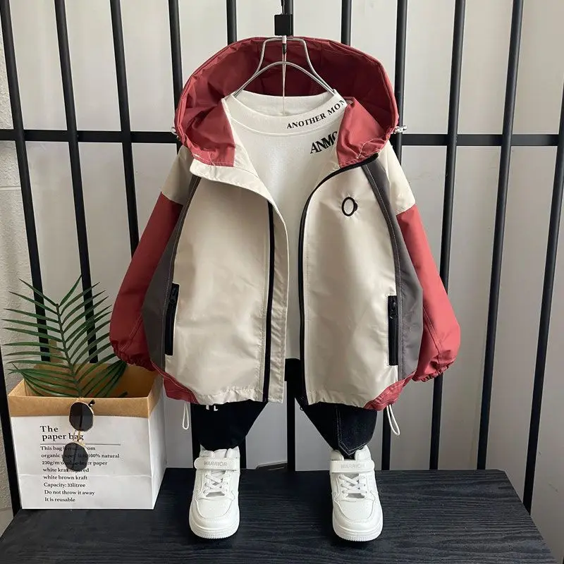 Children Coats Boys Spring Autumn 2023 New Fashion Zipper Patchwork Hooded Full Sleeves Jackets Korean Handsome Trench Outerwear