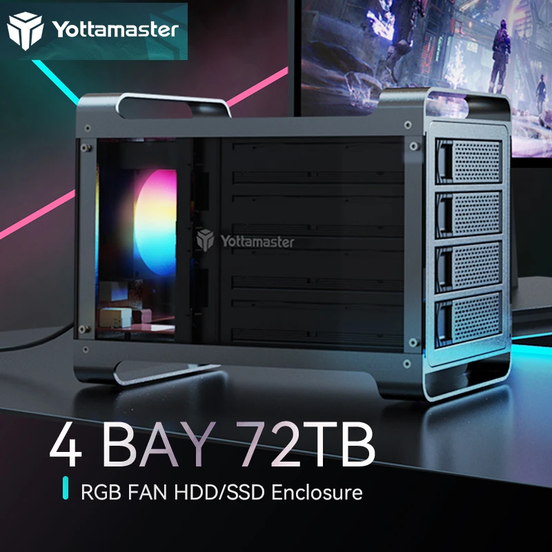 Yottamaster DF4U3 Hard Drive Enclosure 4 Bay 2.5" 3.5" USB3.0 80mm RGB