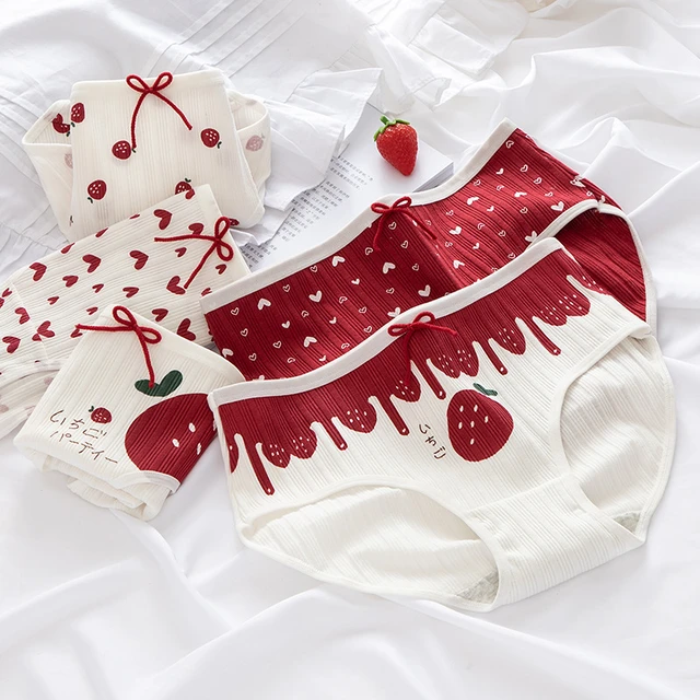 5Pcs Cute Strawberry Print Girl Panties Pure Cotton Bowknot Knickers Women  Briefs Underwear Lingerie