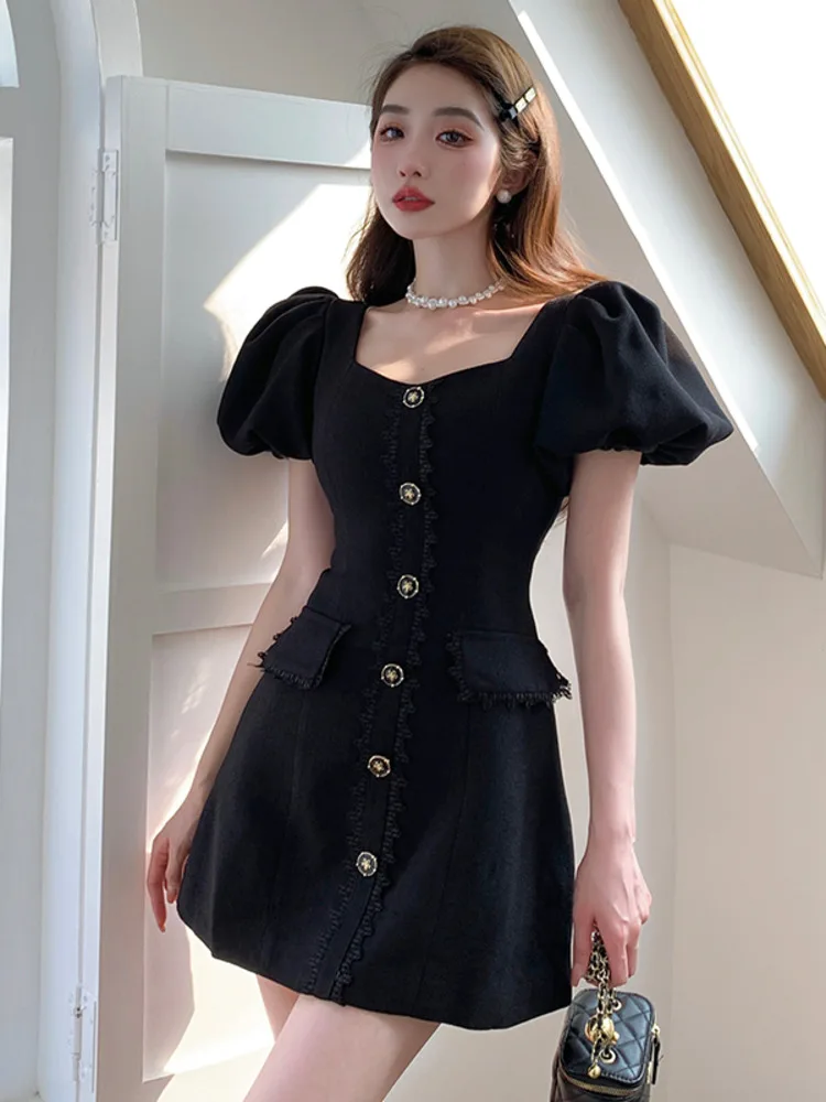 

Summer Dress For Women Black Short Dresses 2023 Korean Fashion New Bubble Sleeve Single-breasted Elegant Vestidos Femme