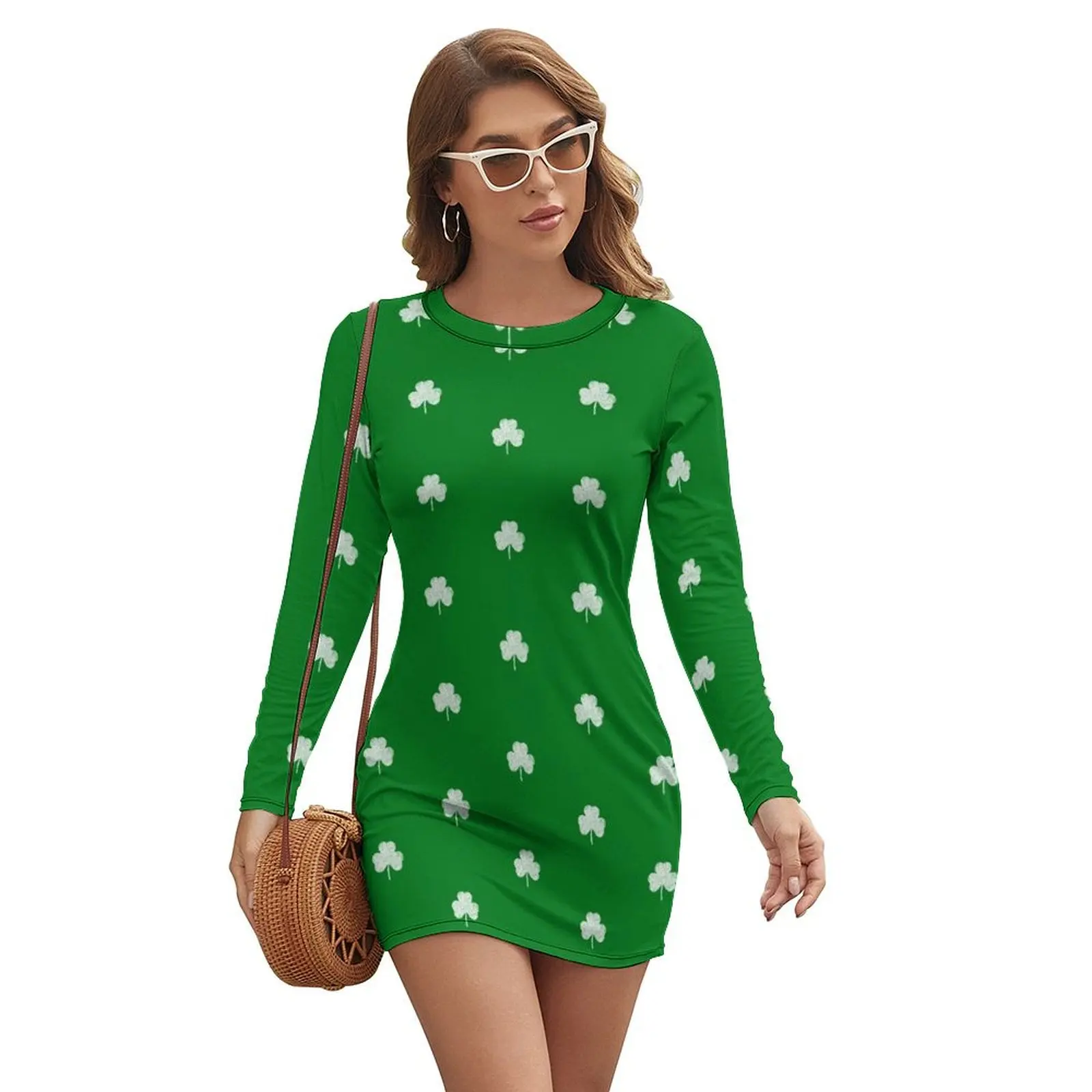 

Green St Paddy's day Distressed Shamrock Clover Design Long-sleeved Dress sensual sexy dress for women Women dresses summer