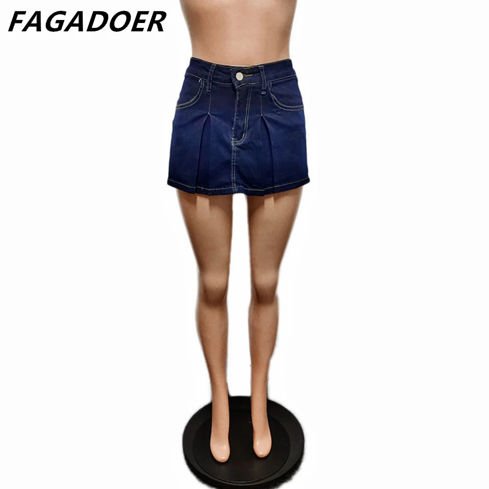 FAGADOER Y2k Women Denim Shorts Pleated Skirt Shorts  Retro 90s Blue Summer Stretchy Casual Shorts Ruffles Fashion Streetwear