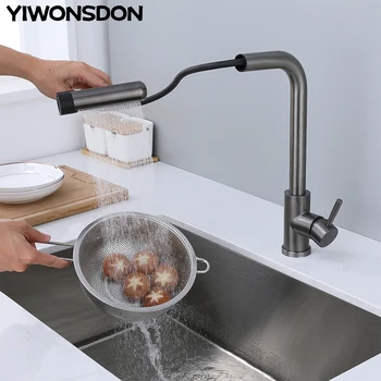 Rubinetti da cucina grigi a 6 modalità Rotazione estraibile Cascata Spruzzatore a flusso nero Testa Miscelatore per lavello Accessorio per rubinetto dell'acqua in nichel spazzolato 1