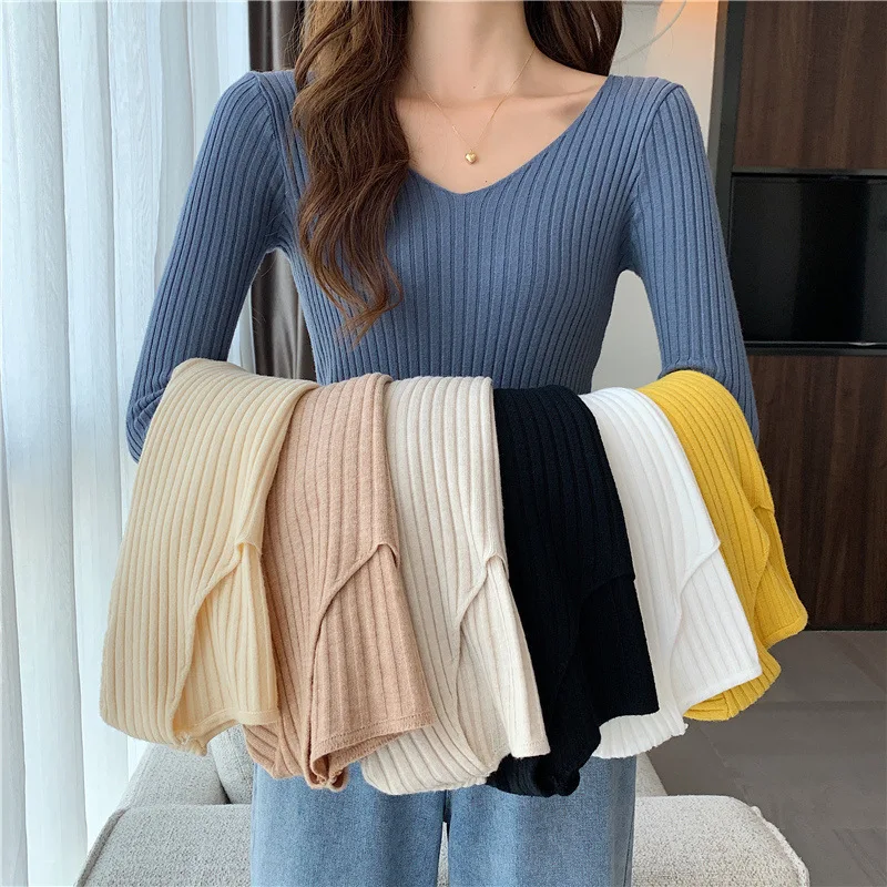 

Autumn and Winter V-neck Slim Fit Pullover with Pit Stripe Top and Tight Long sleeved Women's Wear