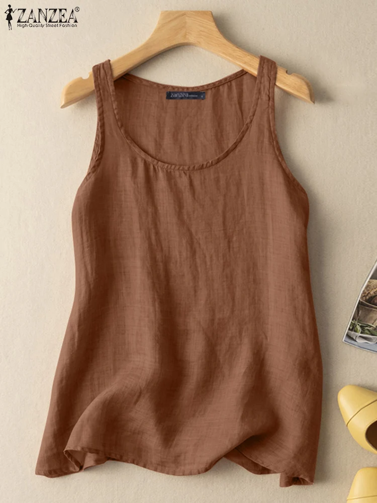 2024 ZANZEA 여름 여성 패션 비치 블라우스, 여성 캐주얼 작업 튜닉 슈미즈 민소매 O-넥 단색 루즈 블라우스 탑  Best5