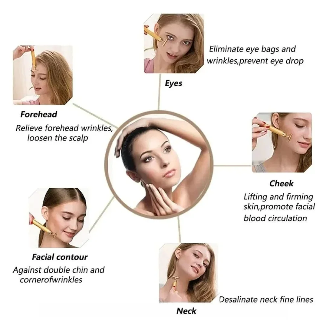Energy 24K Gold T Beauty Bar Facial Roller Massager T-Shape Face Lift Bar Pulse Vibration Firming Face Massage Lift Tools Stick