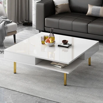ON-TREND Exquisite High Gloss Coffee Table with 4 Golden Legs and 2 Small Drawers, 2-Tier Square Center Table, White 2