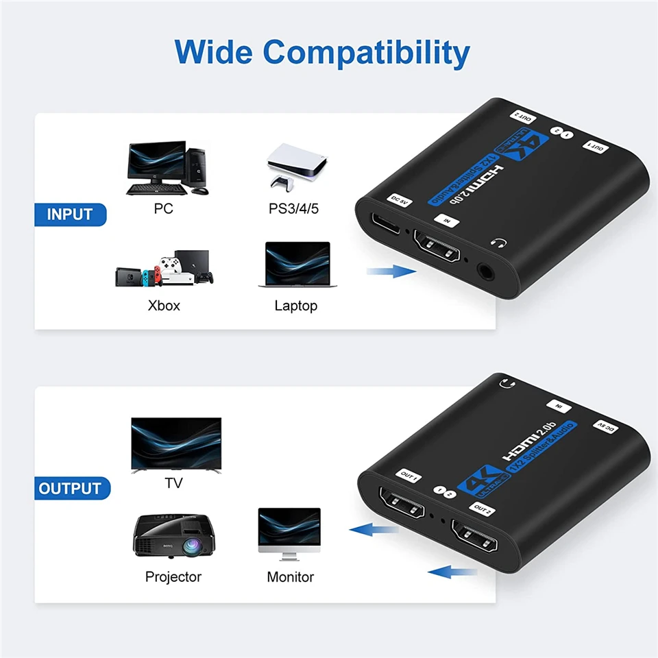 2026 Best 4K HDMI Splitter 1x2 HDMI 2.0 Splitter 1 in 2 out HDMI Amplifier Switc
