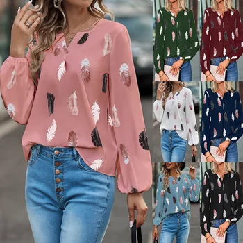 Temperament Elegant V-neck Feather Painting Printing Long Sleeve Loose T-shirt Flare Sleeve Women's Tops 1