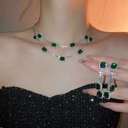 Luxury Necklace Earrings For Women Dark Blue Green Crystal Earrings Wedding Bride Jewelry Sets