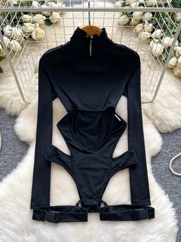 Foamlina Sexy Black Zip-up High Neck Bodysuit Women Fashion Long Sleeve Cut Out Slim One Piece Body Top Fashion Street Clubwear