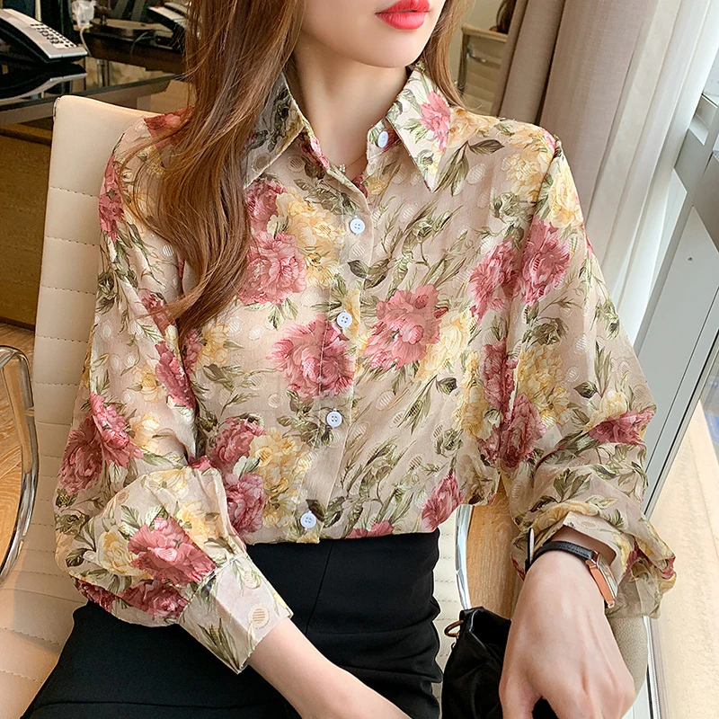 Camisas con estampado de flores para Mujer, Blusas de gasa para Mujer, camisas con de linterna, Blusas para Mujer 2021|Camisa| - AliExpress