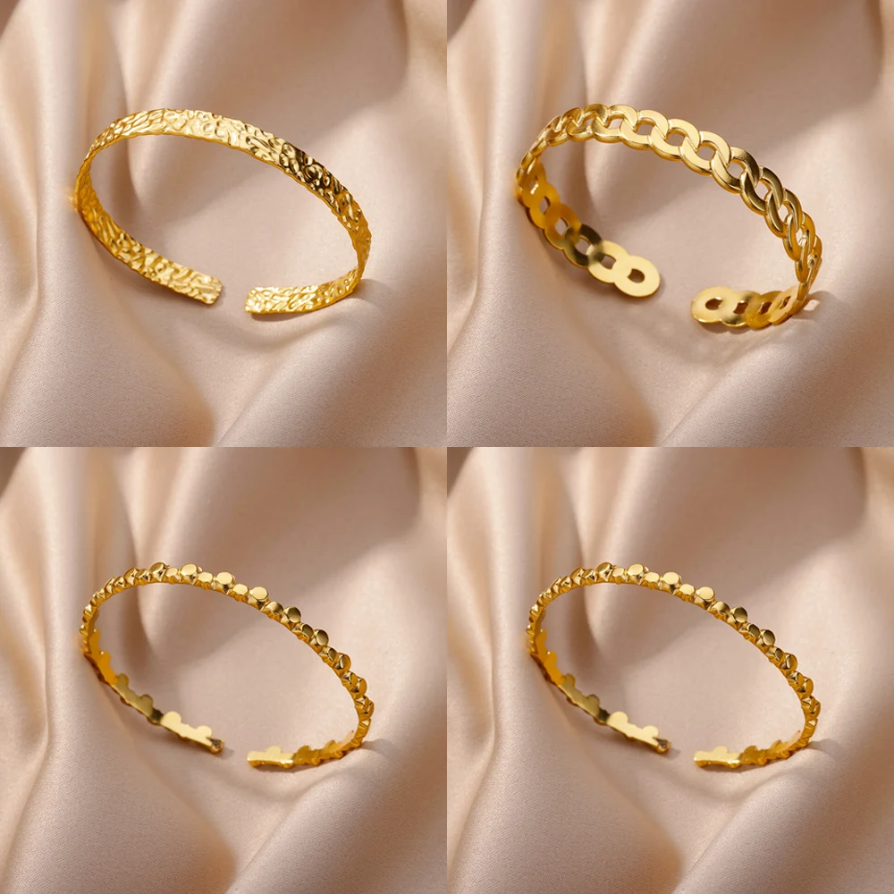 Bangle Bracelet Gold Plated Open Adjustable Stainless Steel For Women Vintage Jewelry