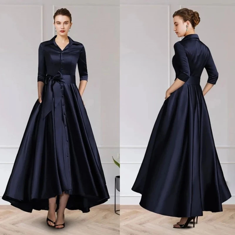 

On Sale Charming Dark Navy Mother of the Bride Dresses with 3/4 Sleeves V Neck Bow Belt Wedding Party Dresses High Low 2022