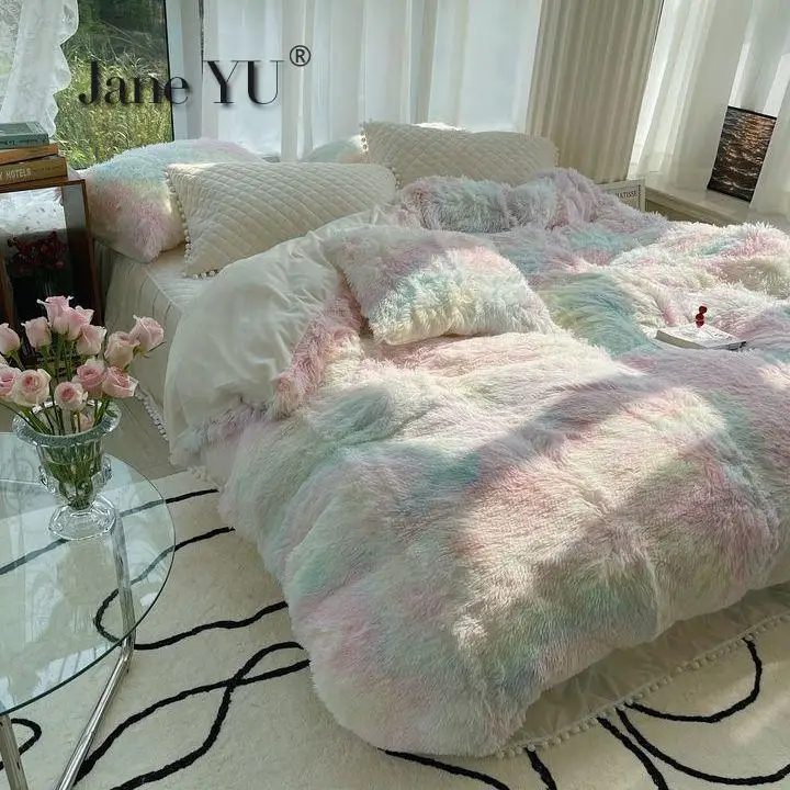 JaneYU Padded Warm Milk Velvet 4Pcs Bedding Set Double-sided Coral Velvet Mink Velvet Plus Velvet Quilt Cover Bed Sk