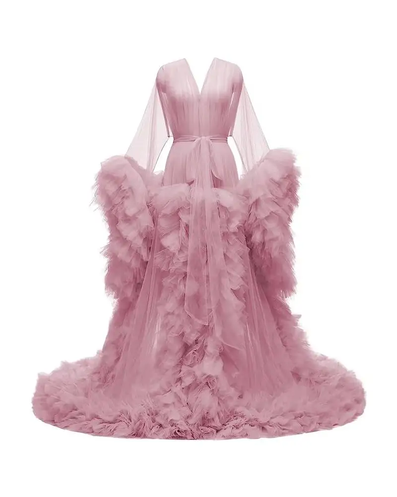 

18035#Mauve Sexy Tulle Maternity Dress For Photoshoot V-Neck Long Ruffles Train Babyshower Women Formal Gown For Wedding Guest