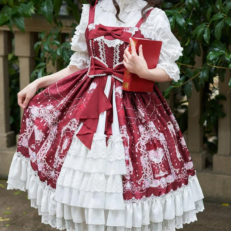 Lolita Dress Japanese Elegant Vintage Style Bow Flower Print Cosplay