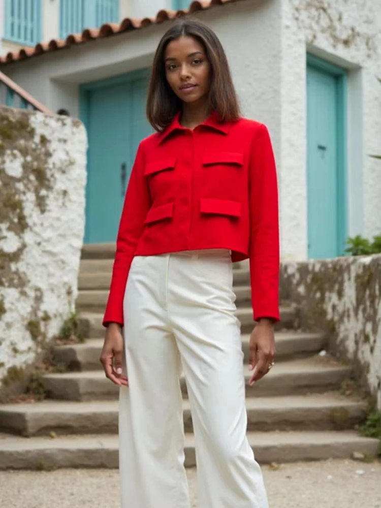 HH Autumn Jacket For Women Slim Cropped Coat Elegant Solid Long Sleeve Jacket Front Flap Pocket Outerwear Fashion Streetwear