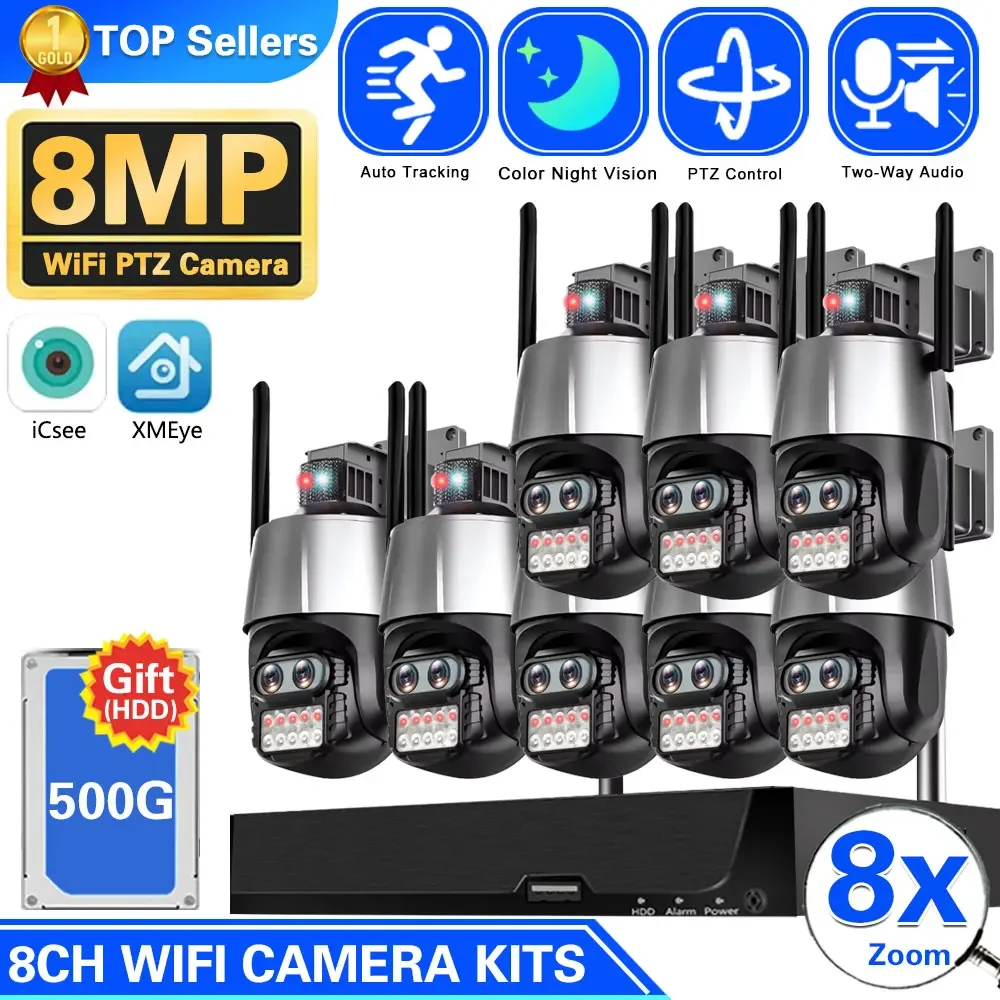 

8MP 4K HD WiFi IP Camera Outdoor 8X Zoom Dual Lenses 8CH Wifi NVR Surveillance Camera Auto Tracking Night Vision ICSEE APP Kit