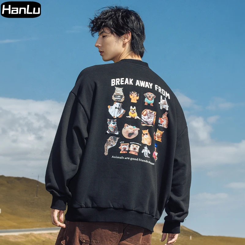 

Men's Autumn New American Cartoon Print Top Men's Heavyweight Loose Round Neck Couple Top Coat Y2k