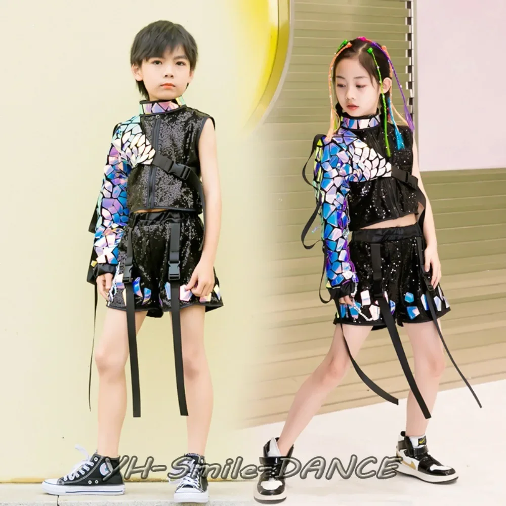 

Catwalk Show Boys Girls Hip Hop Set Kids Performance Outfit Jazz Dance Costume Modern Street Dance Children Tooling jumpsuits