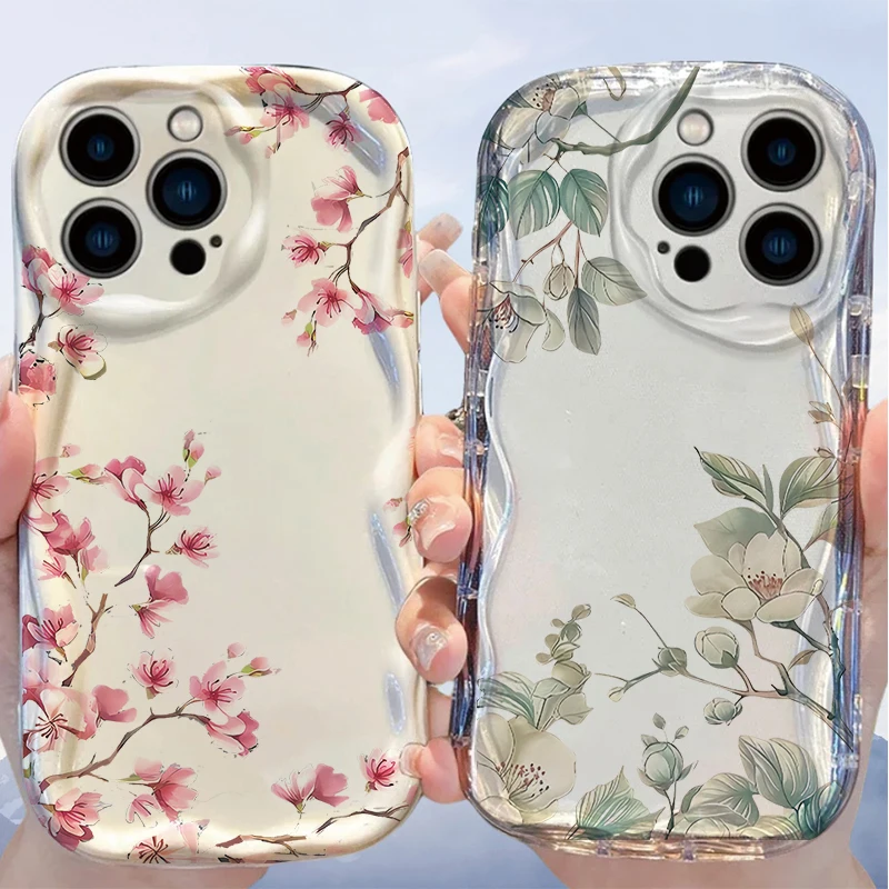 Cute Peach Blossom Flower Shockproof Phone Case with Wavy Design