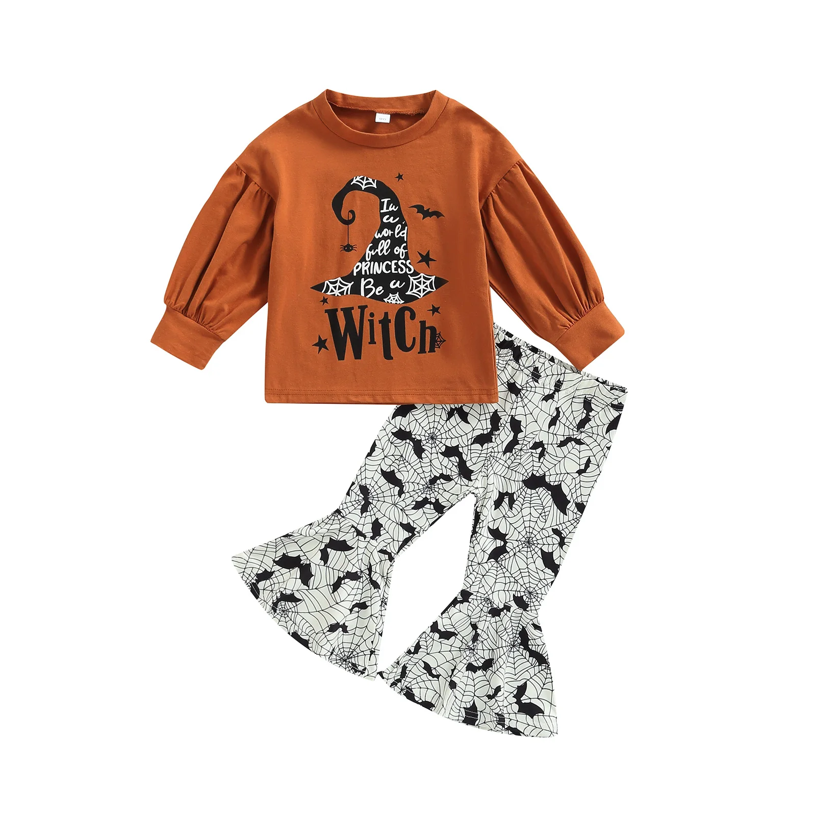 

2022-06-23 Lioraitiin 0-6Years Toddler Girl Halloween Clothes Set Long Sleeve Letter Witch Hat Print Bat Spider Web Flare Pants