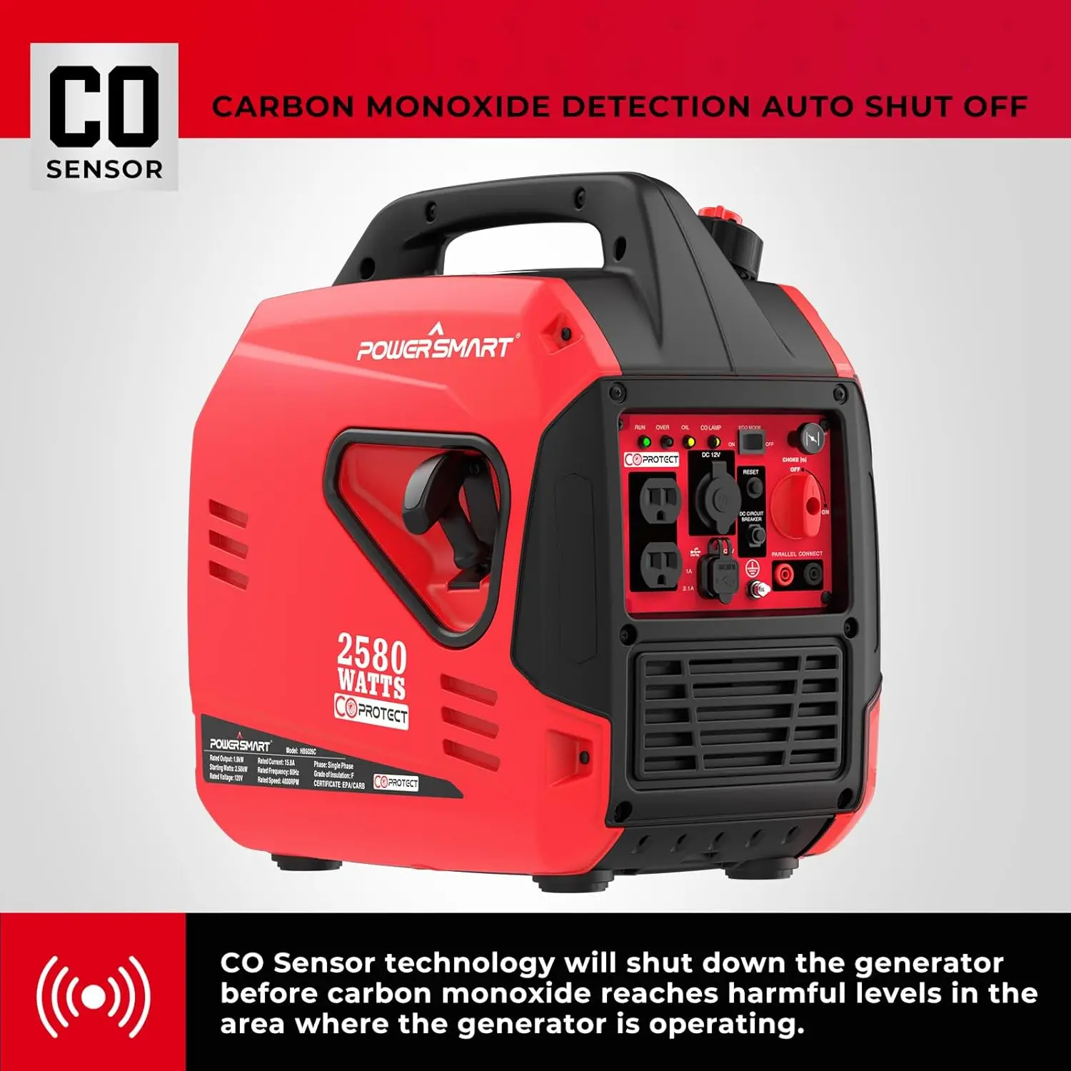 PowerSmart 2500-Watt Gas Powered Portable Inverter Generator CO Sensor Super Quiet for Camping Tailgating Home Emergency Use