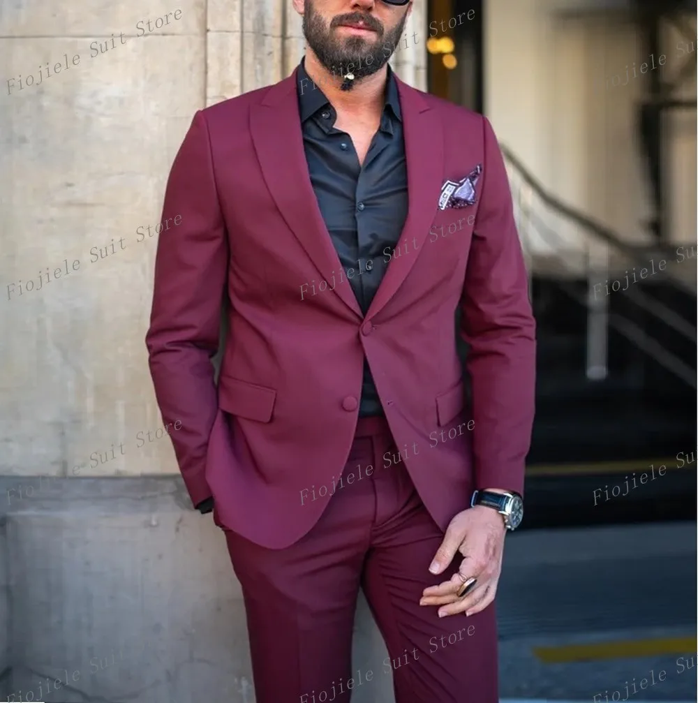 

New Fuchsia Men Tuxedos Business Prom Formal Occasion Groom Groomsman Wedding Party Male Suit 2 Piece Set Blazer Pants