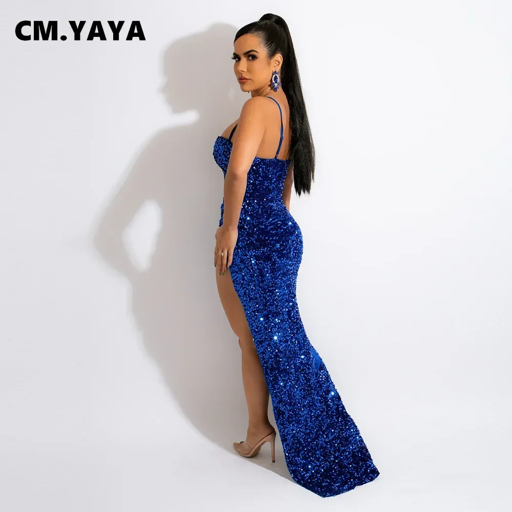CM.YAYA Women Mesh Patchwork High Side Split Sequin Bodycon Midi