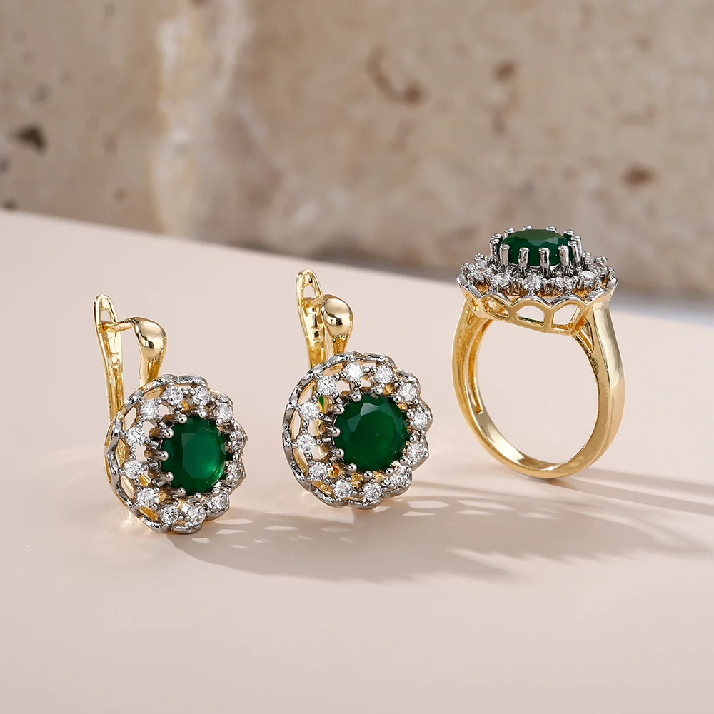 Runde hohle eingelegte Zirkonium zweifarbige Design Ohrringe Ring Modeschmuck Set Zubehör Party Geburtstagsgeschenk dreiteiliges Set – Detail 6