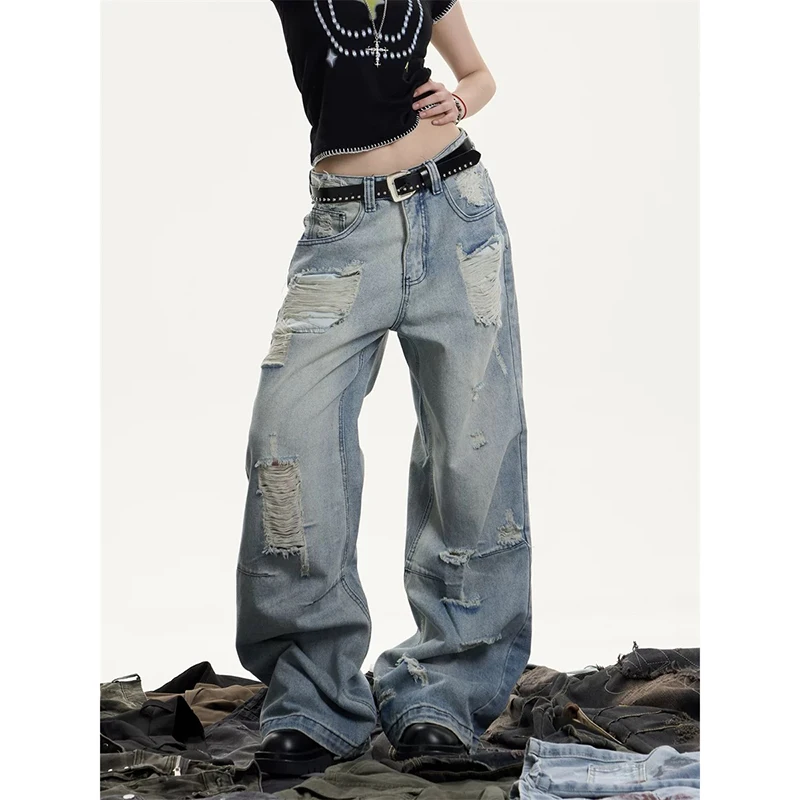 YIBASHU Women Ripped Jeans Baggy Vintage Aesthetic Streetwear Cowboy Pants Harajuku Oversize Denim Trousers Y2k 2000s Clothes 1