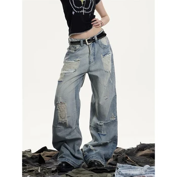 YIBASHU Women Ripped Jeans Baggy Vintage Aesthetic Streetwear Cowboy Pants Harajuku Oversize Denim Trousers Y2k 2000s Clothes 1