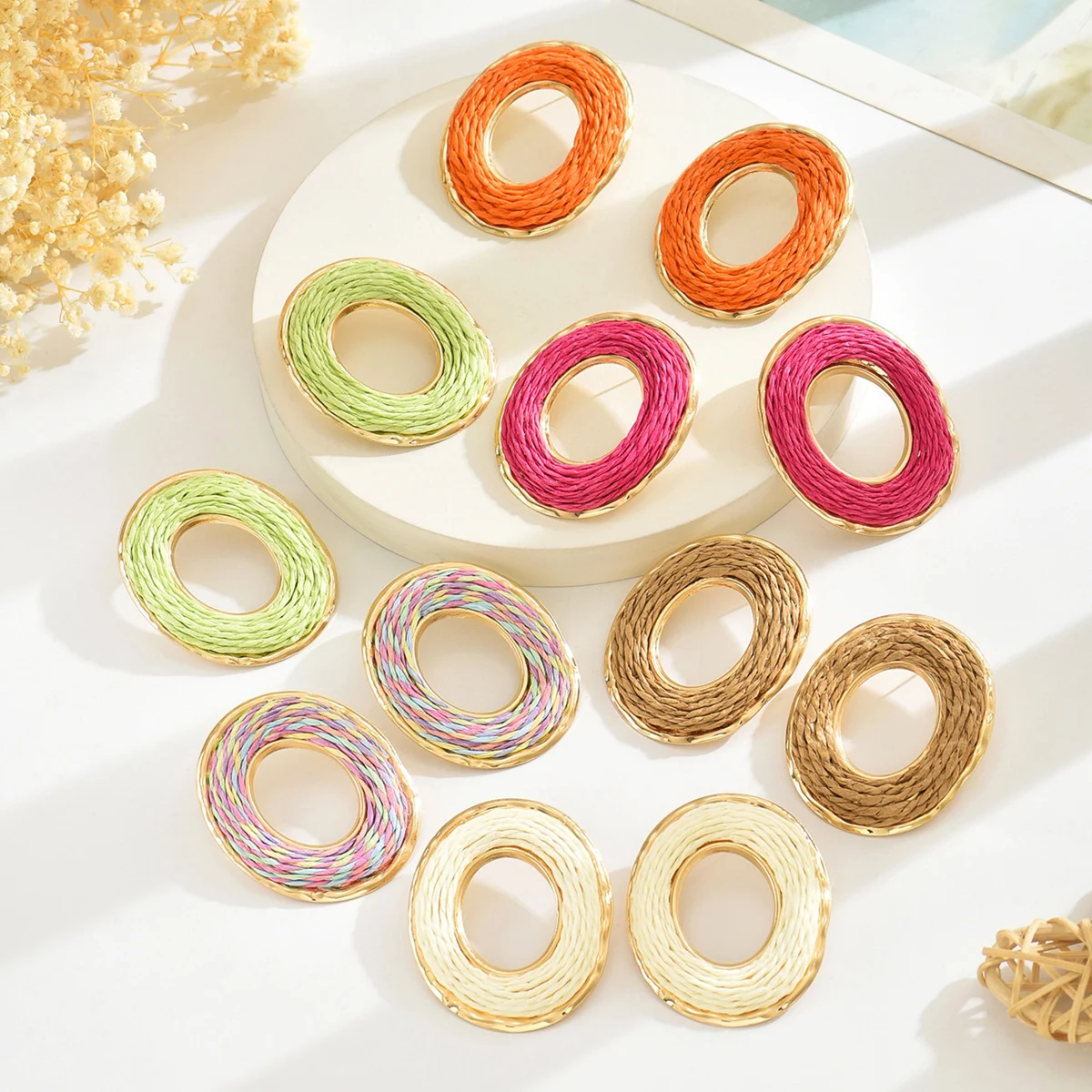 Boho Summer Multicolor Oval Rattan Knit Earrings for Women Girl Trendy Sweet Handmade Raffia Circle Big Earrings Fashion Jewelry